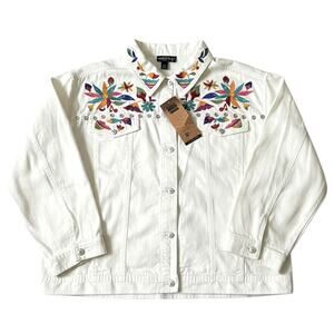 Vintage Carole Little Denim Jacket Womens 22W Plus White Embroidered Floral